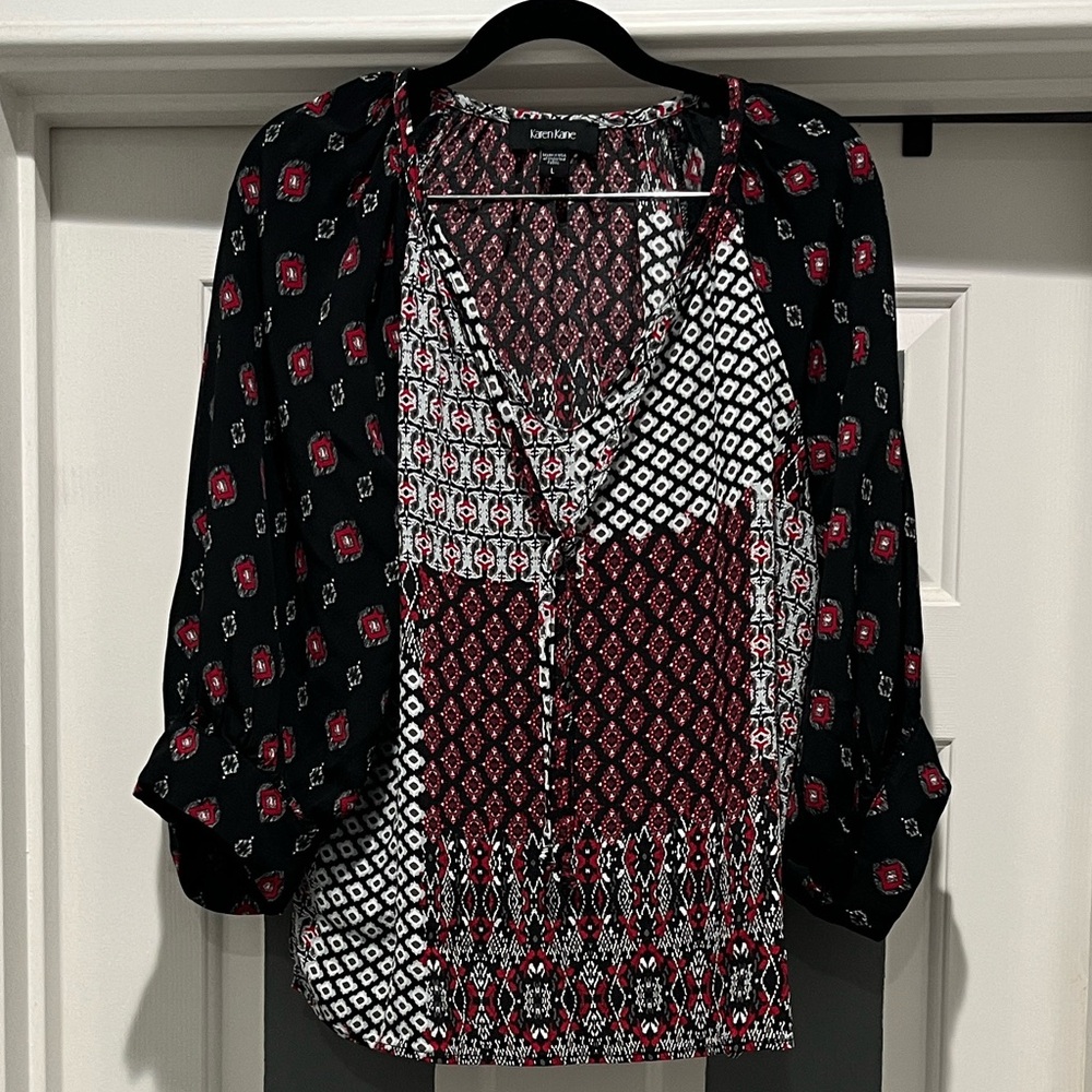 Karen Kane Black and Burgundy Mixed-Print V-Neck Blouse